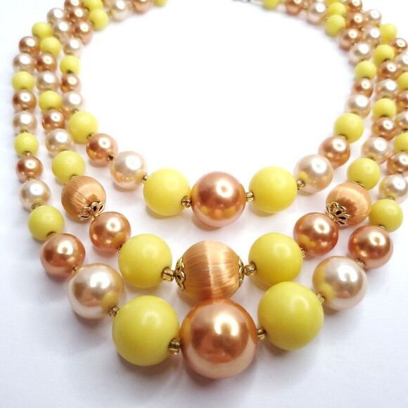 Vintage Multi Strand Satin Beaded Necklace Graduated Round Yellow Orange Beige - Picture 1 of 3